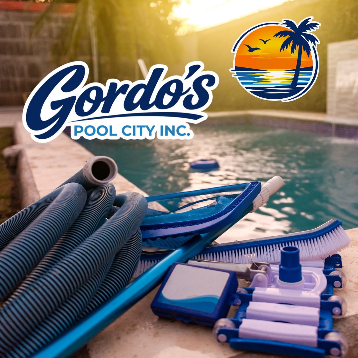 Pool supplies and cleaning tools used for pool care