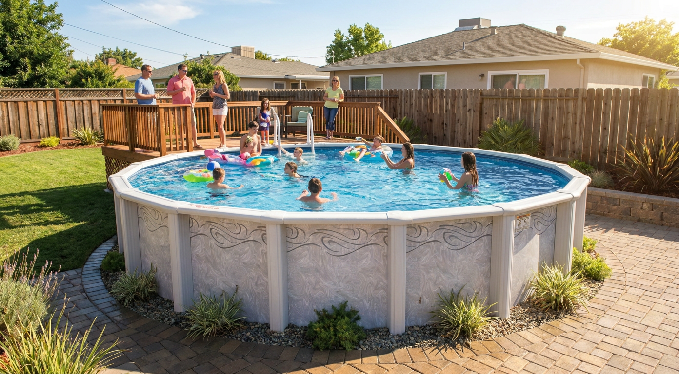 Doughboy above-ground pool package installed in a Central Valley backyard